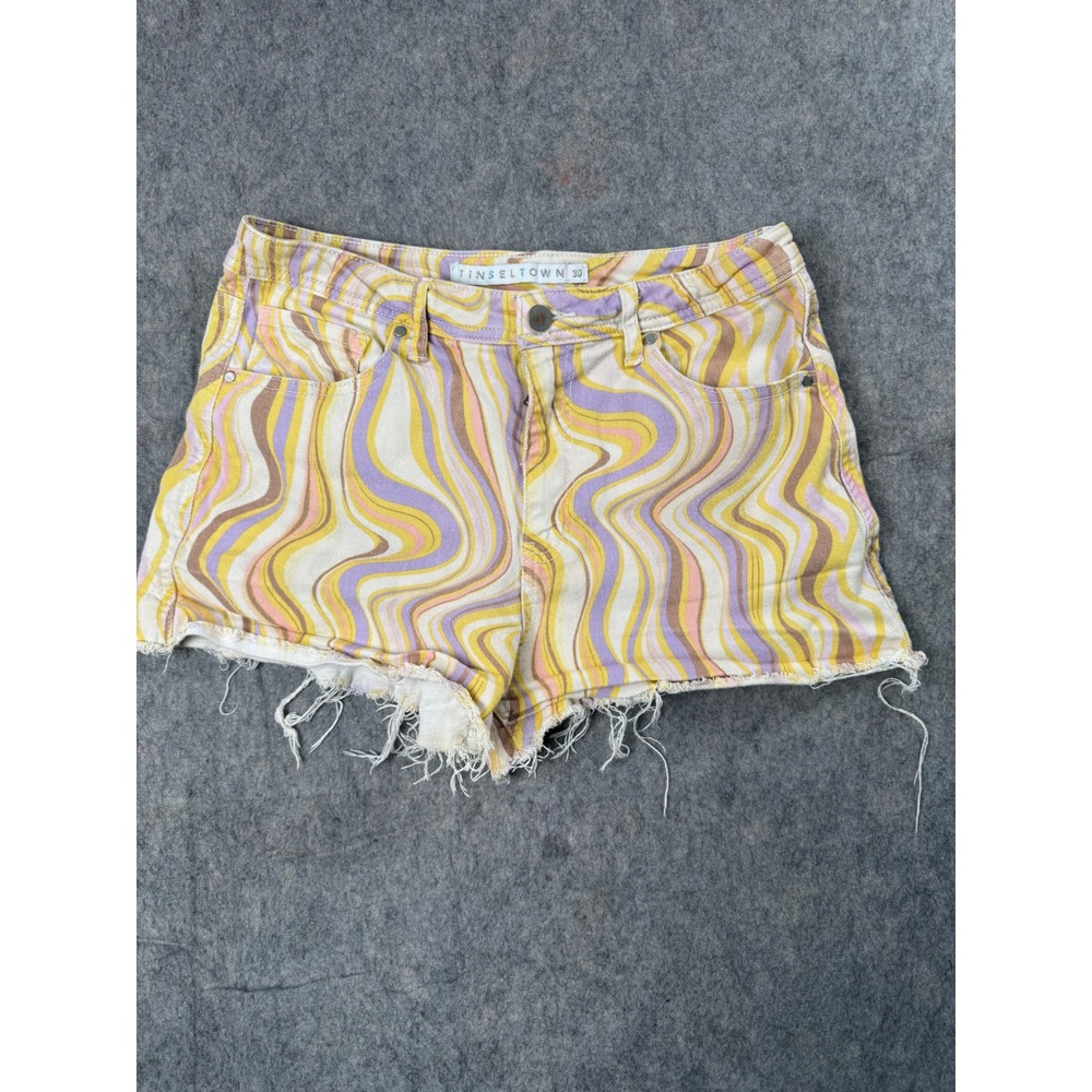 Tinseltown Denim Shorts Womens 30 Yellow Purple Swirl Cotton Retro Festival Y2K